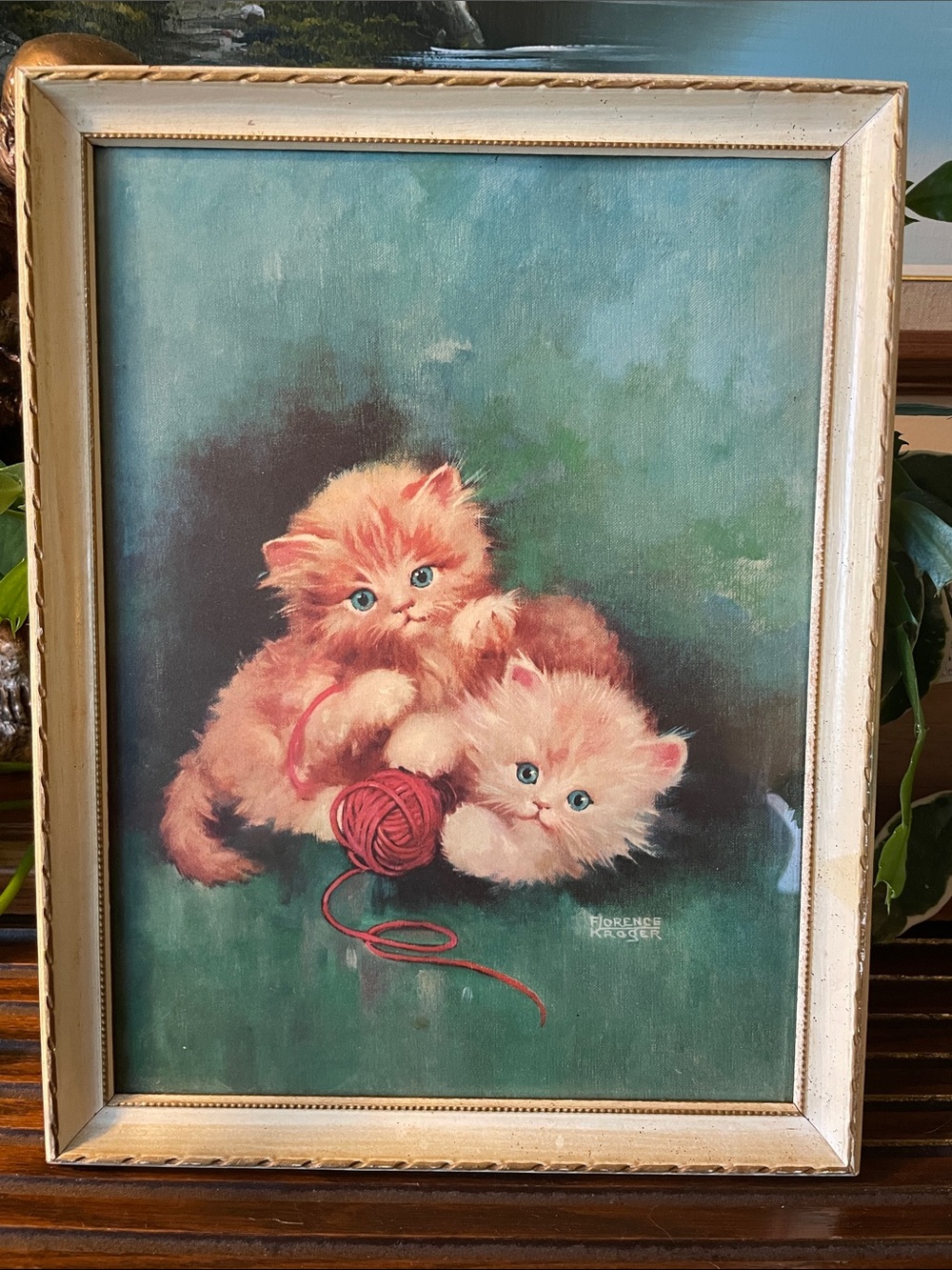 Vintage MCM Florence Kroger kitten lithograph on wood cat